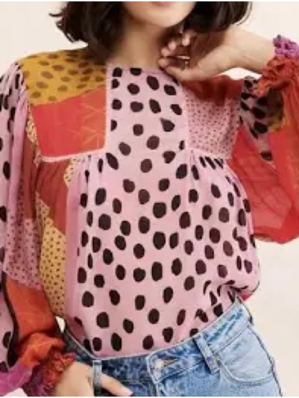 Patchwork Pink Polka Dot Long-Sleeve Blouse